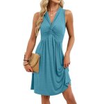 Robe sans manches femme elegant col v confortablebleu vert