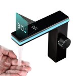 Robinet lavabo noir aluminium affichage temp�rature led mitigeur eau chaude froide avec tuyaux 60cm salle ...