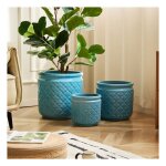 Rolipo lot de 3 pots fleurs c�ramique � trou drainage - design g�o bleu antique - r�sistant gel / chaleur ...