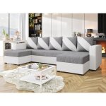 Romy - canap� panoramique en u - 7 places - convertible avec coffre - en tissu et pu - blanc / gris
