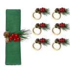 Rond de serviette - d�coration de no�l - 6 pi�ces - bois - forme de pomme de pin - vert et rouge