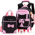 Trousse et cartable a roulettes pour filles - megawise - noir ? rose - 2 roues - n?ud papillon