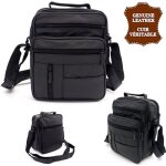 Sacoche bandoulire - cuir vritable - grand modle - noir - homme - doublure synthtique