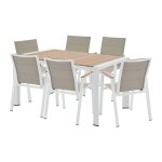 Salle � manger de jardin en aluminium : une table l. 150 cm et 6 fauteuils empilables - naturel clair ...