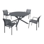 Salle � manger de jardin en aluminium : une table ronde extensible l. 150 / 200 cm et 4 fauteuils empilables ...