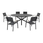 Salle � manger de jardin en aluminium : une table ronde extensible l. 150 / 200 cm et 6 fauteuils empilables ...