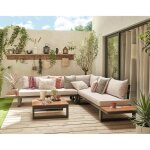 Salome - salon bas de jardin 5 places + table - modulable - bois m�tal et coussins beiges - noir bois ...