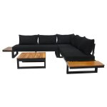 Salome - salon bas de jardin 5 places + table - modulable - bois m�tal et coussins noirs - noir et bois ...