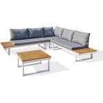 Salon bas de jardin - aluminium - dcb garden - 5 places - blanc et bois dacacia - miyako
