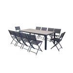 Lagos - ensemble table aluminium effet bois et 10 chaises