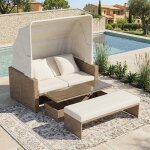 Salon de jardin - 2 - 4 personnes - auvent r�glable - rotin pe anti - uv - table basse r�glable