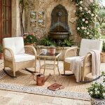 Salon de jardin 3 pi�ces - 2 fauteuils � bascule & table verre - capacit� 160kg - r�sine tress�e noir ...