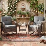Salon de jardin 3 pi�ces - 2 fauteuils � bascule & table verre - charge 160kg - r�sine tress�e noir & ...