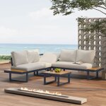 Salon de jardin 4 places avec canap� d?angle table basse et fonction bain de soleil r�glable polyester ...