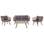 Salon de jardin 4 places en rotin clair avec coussins gris graphite fobello