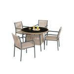 Salon de jardin 5 pi�ces en r�sine tress�e gris table ronde en verre tremp� et 4 fauteuils avec coussins ...