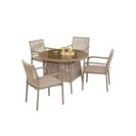 Salon de jardin 5 pi�ces en rotin pe brun avec table ronde en verre tremp� et 4 fauteuils � coussins