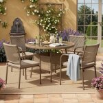 Salon de jardin 5 pi�ces - table ronde 110cm - verre tremp� et corde - design moderne - marron