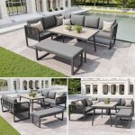 Salon de jardin 6 - 8 places modulable en r�sine tress�e pe avec table repas et coussins �pais r�sistant ...