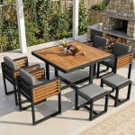 Salon de jardin 6 personnes 4 chaises 1 table � manger 2 tabourets table en bois dacacia pour terrasse ...