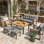 Salon de jardin 6 pi�ces 150x79. 5x75cm - 6 places - canap� & fauteuils corde tress�e - table bois composite ...