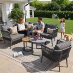 Salon de jardin - 6 pi�ces modulable - 5 - 6 personnes - canap� dangle tress� gris - coussins 8 cm d�houssable ...