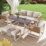 Salon de jardin 6 places avec 1 canap� 3 places 2 fauteuils 1 banquette 1 table rectangulaire coussins ...