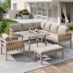 Salon de jardin 6 places beige canap� d?angle + fauteuil + banc + table 80x80cm m�tal galvanis� coussins ...