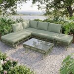 Salon de jardin 6 places: canap� coussins pouf table basse rectangulaire en verre cadre en fer vert