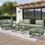 Salon de jardin 6 places modulable 225x167x81. 5 cm avec pieds r�glables et table basse en verre tremp� ...