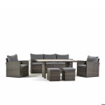 Salon de jardin 6 places en polyrattan avec canap� 2 fauteuils 2 poufs et table en polywood id�al jardin ...