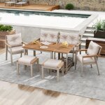 Salon de jardin 7 pi�ces 6 - 7 places - acacia massif - 2 chaises + 2 tabourets + canap� 2 places + table ...