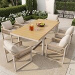 Salon de jardin 7 pieces ensemble repas exterieur table plateau imitation bois 6 chaises avec corde tresseestr ...