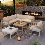 Salon de jardin 7 places avec canap� d?angle fauteuil pouf et table basse salon lounge ext�rieur m�tal ...