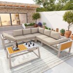 Salon de jardin 7 places: canap� d?angle table rectangulaire avec bac � glace coussins 10 cm en fer beige ...