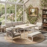 Salon de jardin 7 places modulable - ambiance - acier galvanis� & corde - canap� + 2 fauteuils + banc ...