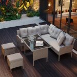 Salon de jardin 7 places en r�sine tress�e avec canap� d?angle table basse en verre poufs et coussins ...