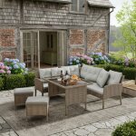 Salon de jardin 7 places en r�sine tress�e - canap� dangle avec table et poufs - mobilier ext�rieur anti ...