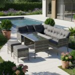 Salon de jardin 7 places en r�sine tress�e avec canap� table en verre et poufs gris coussins inclus