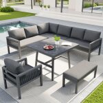 Salon de jardin 8 - 10 places modulable en m�tal galvanis� avec table en verre effet marbre canap� d?angle ...