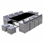 Table de jardin encastrable r�sine tress�e + 12 assises ? vabo ? coloris nuance de gris. coussins gris ...