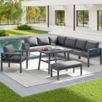 Salon de jardin 8 personnes avec coussins table basse 80x80x70 cm plateau verre et en fer gris