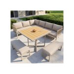 Salon de jardin 8 places: 3 canap�s bancs table carr�e coussins inclus pieds r�glables cadre en m�tal ...