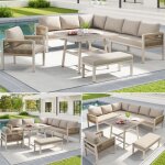Salon de jardin 8 places en l avec canap�s 6 places modulaire fauteuil banc et table basse en verre effet ...