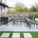 Salon de jardin 8 places en m�tal canap� d?angle ext�rieur en forme u avec coussinsensemble avec 2 tables ...