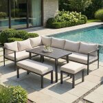 Salon de jardin - 9 personnes - acier galvanis� - bois composite - table + banquette + fauteuil + canap� ...