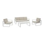Salon de jardin en aluminium : 1 canap� 3 places 2 fauteuils et 1 table basse - blanc avec coussins beiges ...
