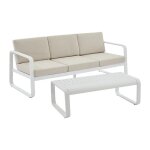 Salon de jardin en aluminium : 1 canap� 3 places et 1 table basse - blanc avec coussins beiges - lomia ...