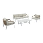 Salon de jardin en aluminium et corde : canap� 3 places 2 fauteuils et une table basse ? blanc avec coussins ...