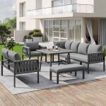 Salon de jardin d?angle 5 pi�ces gris structure m�tal coussins inclus table 80x80 cm plateau verre tremp� ...